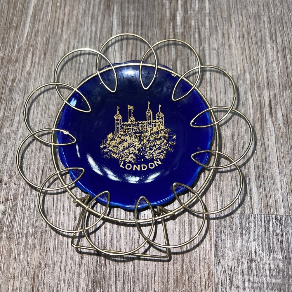 Vintage London Collectors Mini Plate Blue And Gold With Holder